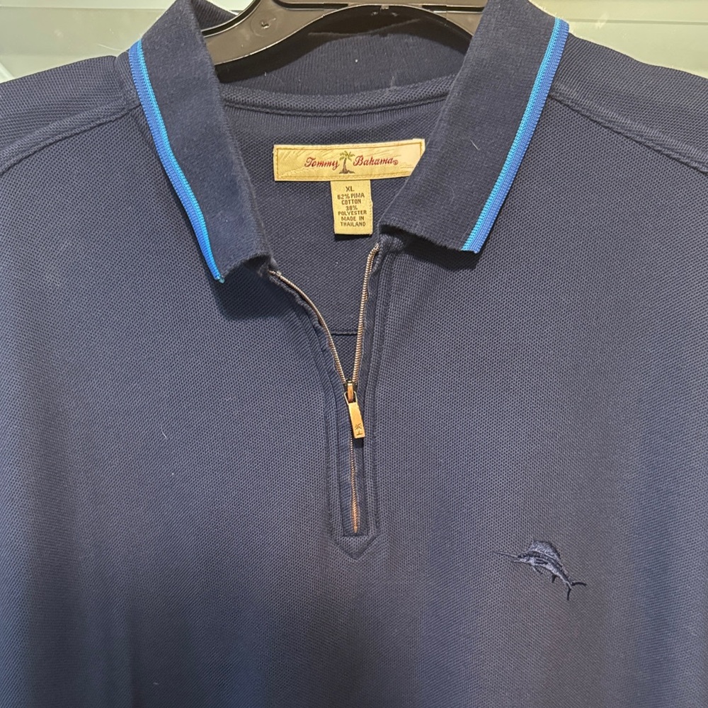Tommy Bahama Navy Polo with Light Blue Trim and Zip Placket